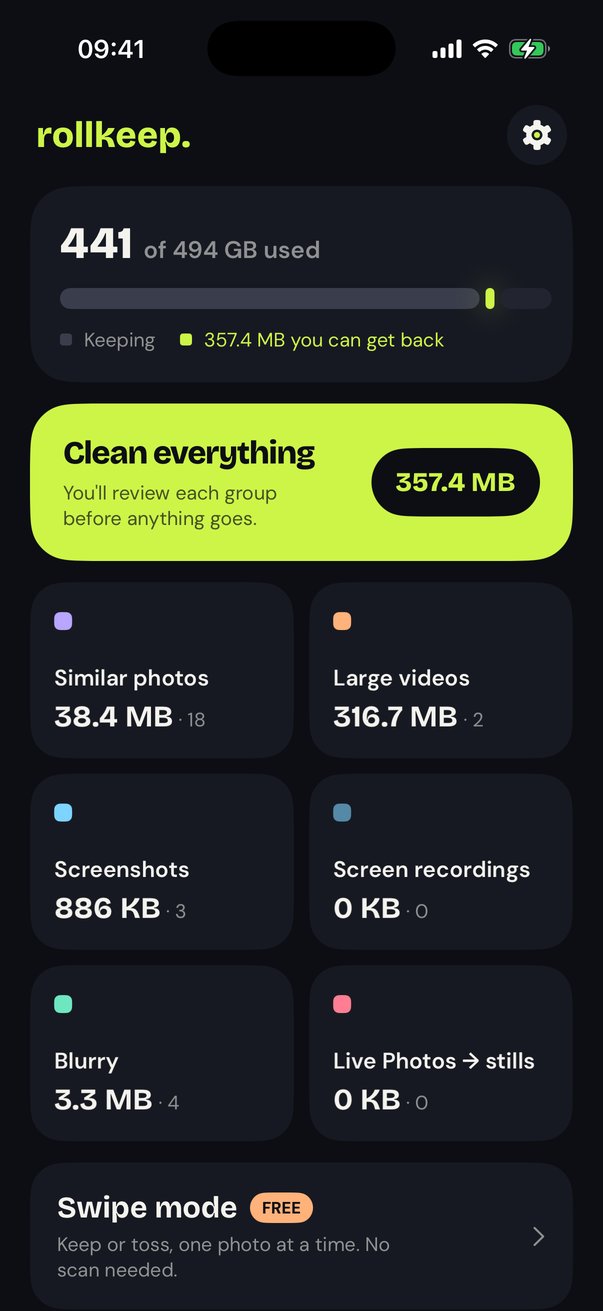 RollKeep home screen showing space you can get back and cleanup categories