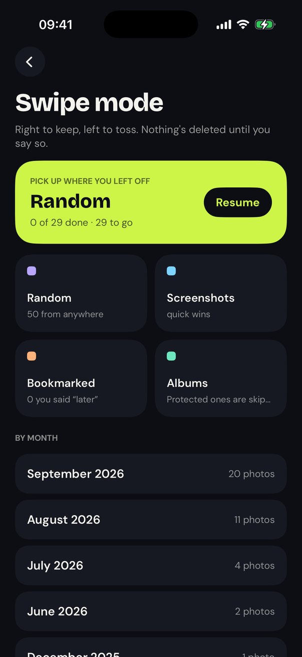 Swipe mode stacks by month, with pick up where you left off