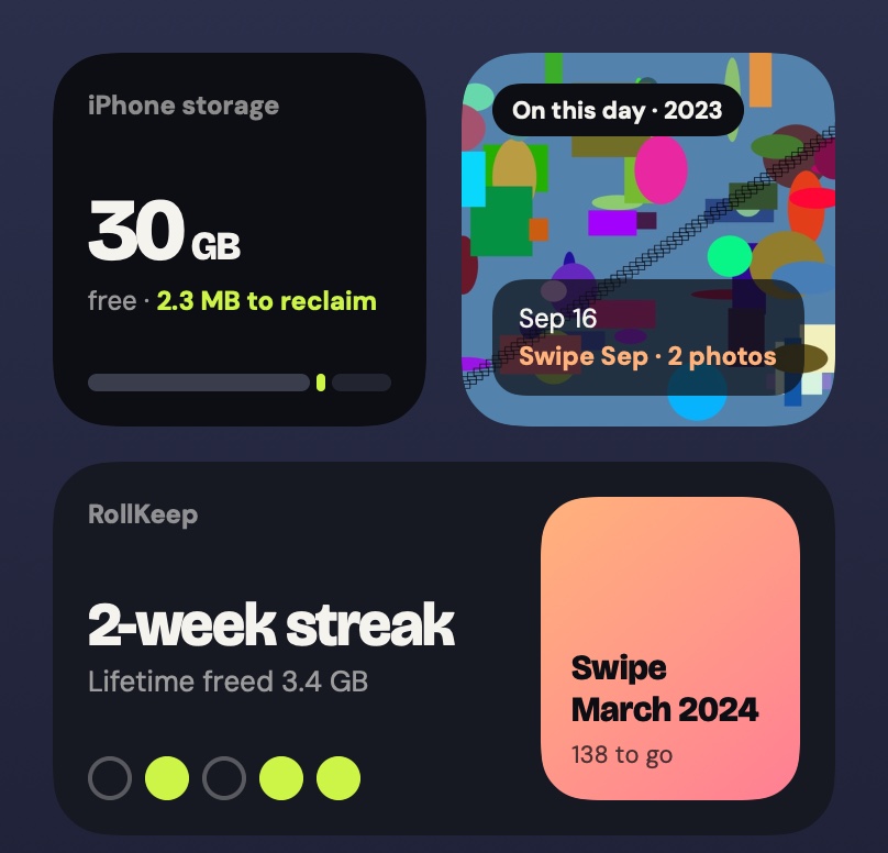 Storage, On This Day and Streak widgets